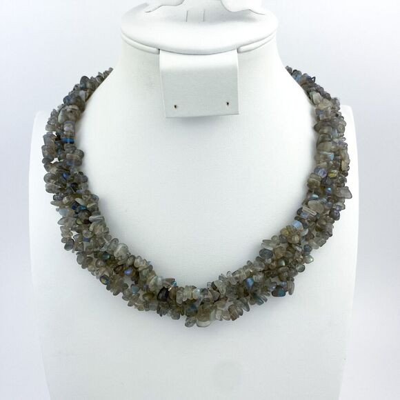 Vintage STS Sterling Silver 925 Labradorite Multi Strand Necklace 19"-22" - Picture 1 of 12